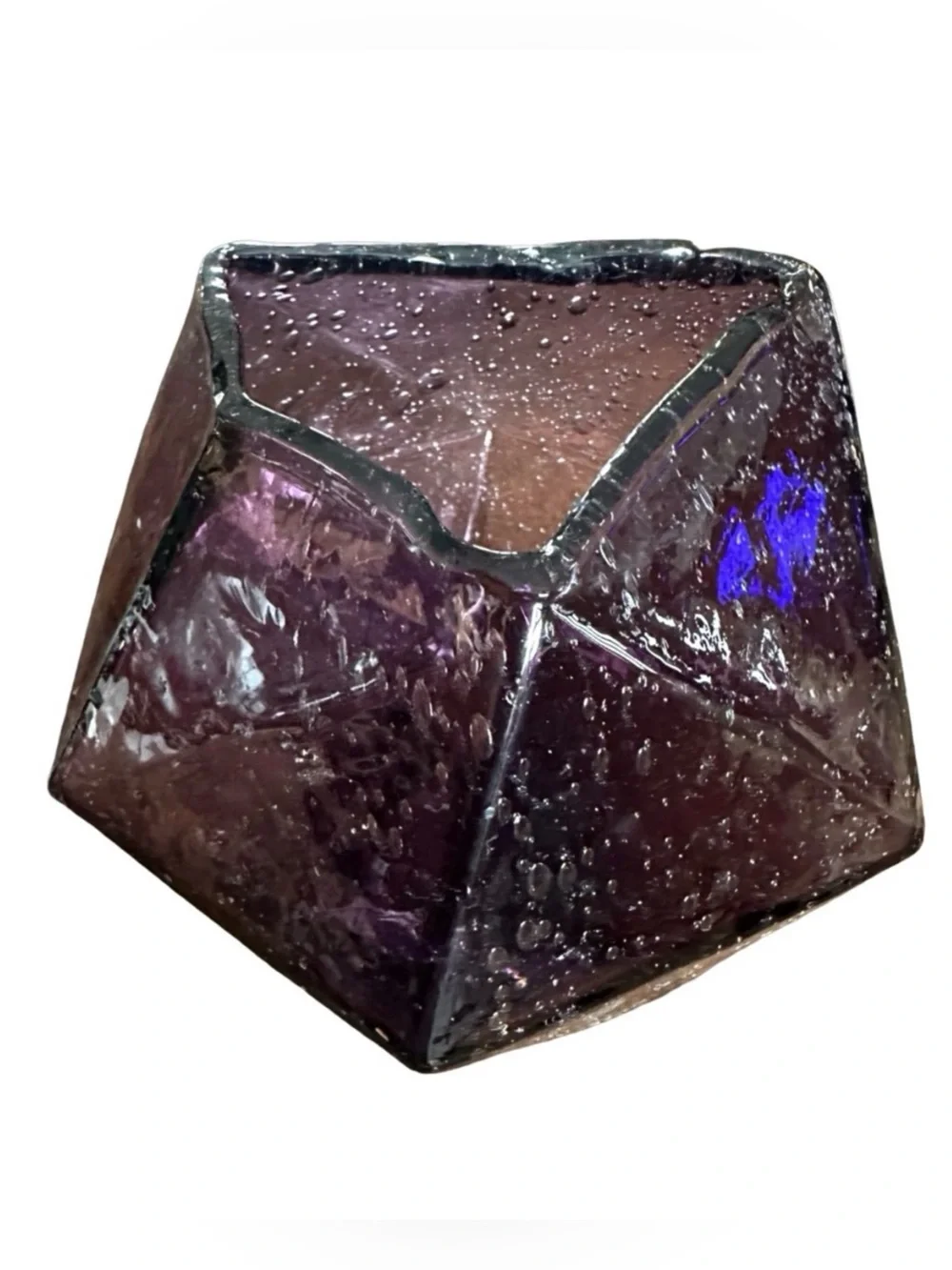 ANTHROPOLOGIE Geometric Amethyst Hand Blown Seeded Gem Glass Vase 6”x 8” Faceted